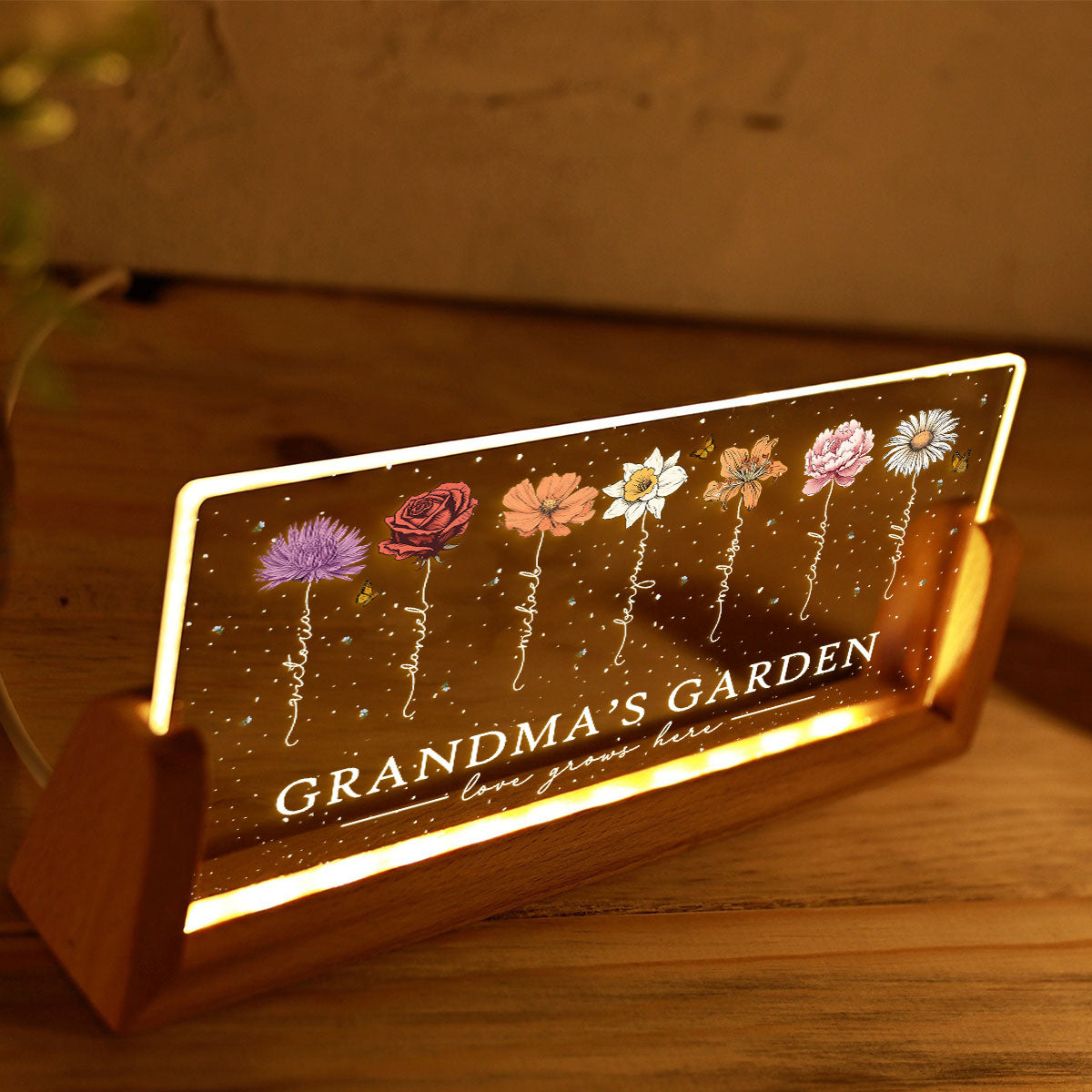 Grandma's Garden Love Grows Here Birthmonth Flowers Personalized U-Base Acrylic LED Night Light, Grandkids Names Floral Gift