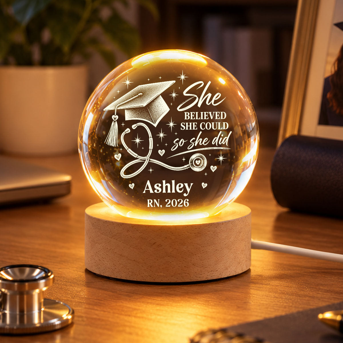 Nurse She Believed She Could So She Did - Personalized Crystal Ball LED Night Light - Christmas Gift, Graduation Gift, New Nurse Gift