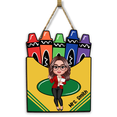 Doll Teacher Crayon Box Personalized Wood Sign, Back To School Gift