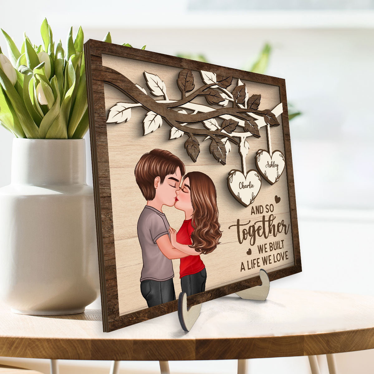 Couple Kissing Under Tree Valentine‘s Day Gift For Him For Her Personalized 2-Layer Wooden Plaque