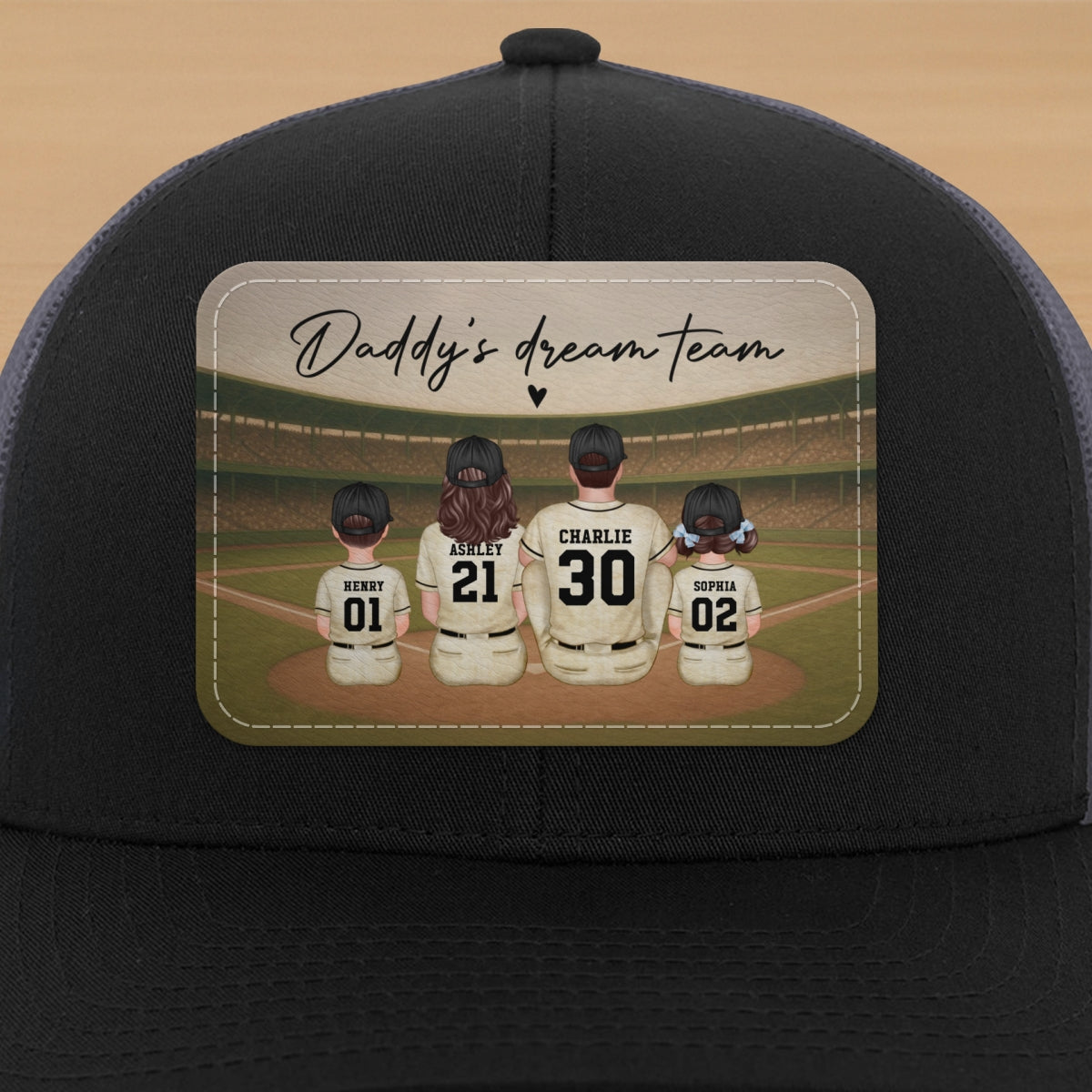 Retro Vintage Baseball Daddy's Dream Team Personalized Leather Patch Hat, Gift For Dad