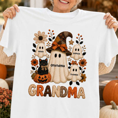 Cute Grandma Boo Witch Fall Season Halloween Faux Patchwork Pattern Coquette - Personalized Shirt - Halloween Gift For Grandma