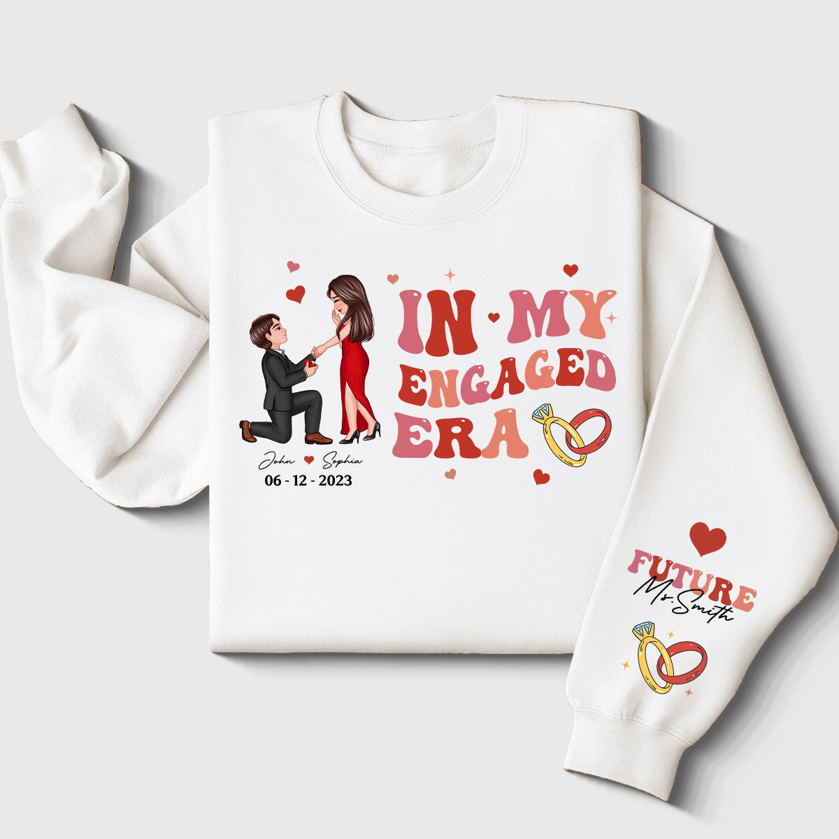 In My Engaged Era Proposing Couple Personalized Sleeved Printed Sweatshirt,  Gift, Engagement Gift For Her, Gift For The Bride-To-Be