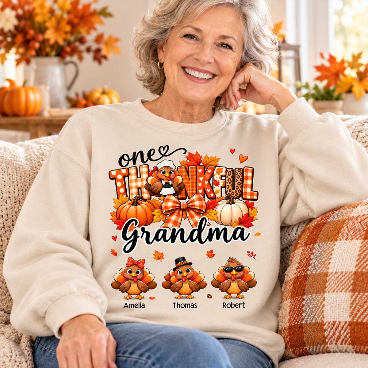 One Thankful Grandma Turkey Thanksgiving - Personalized Shirt - Gift For Mom, Grandma
