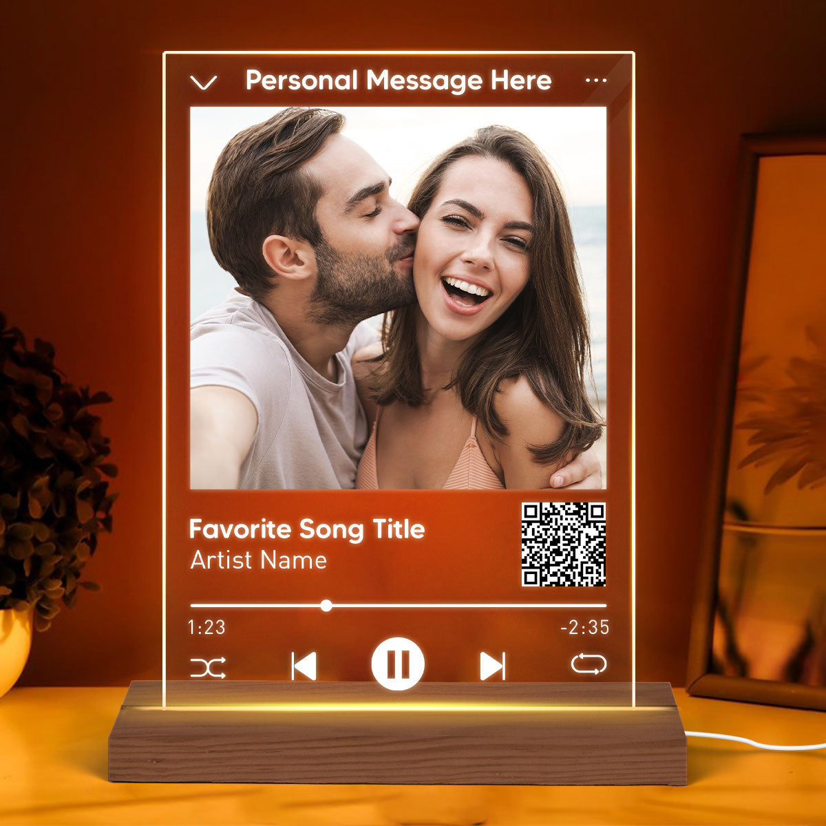 Favorite Song & Photo Scannable QR Code Personalized Rectangle Acrylic Plaque With LED Night Light - Gift For Her - Gift For Him