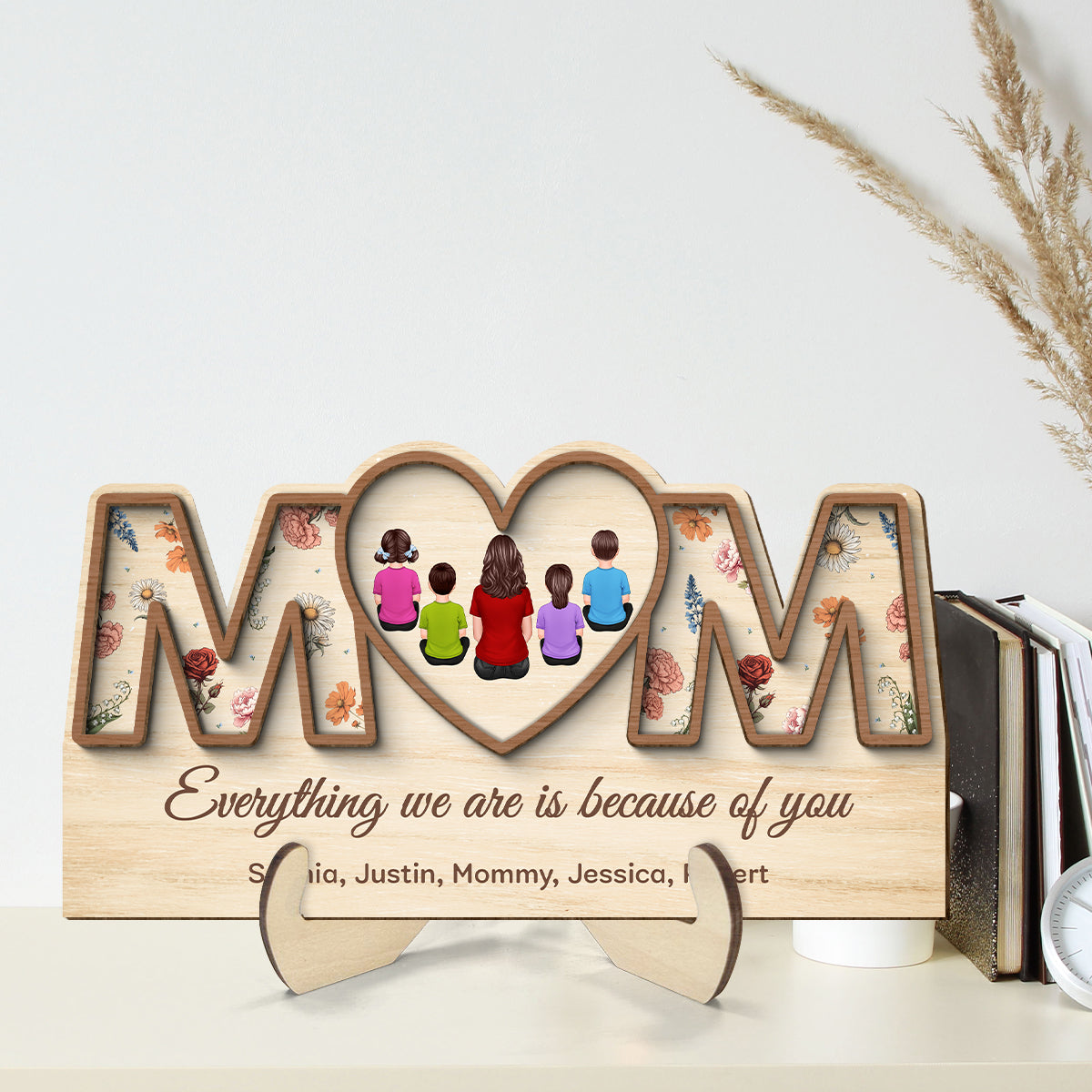 Custom Birth Month Flowers MOM Hearts Personalized 2-Layer Wooden Plaque