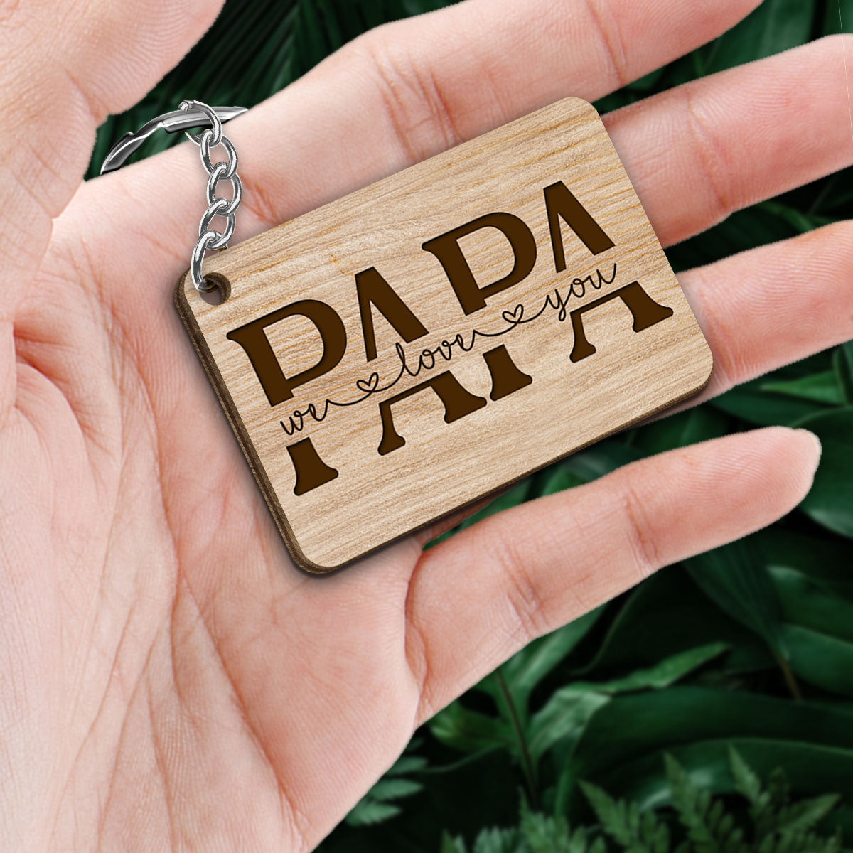 Best Papa Ever Doll Sitting Man & Kids Dog Cat Personalized Wooden Keychain