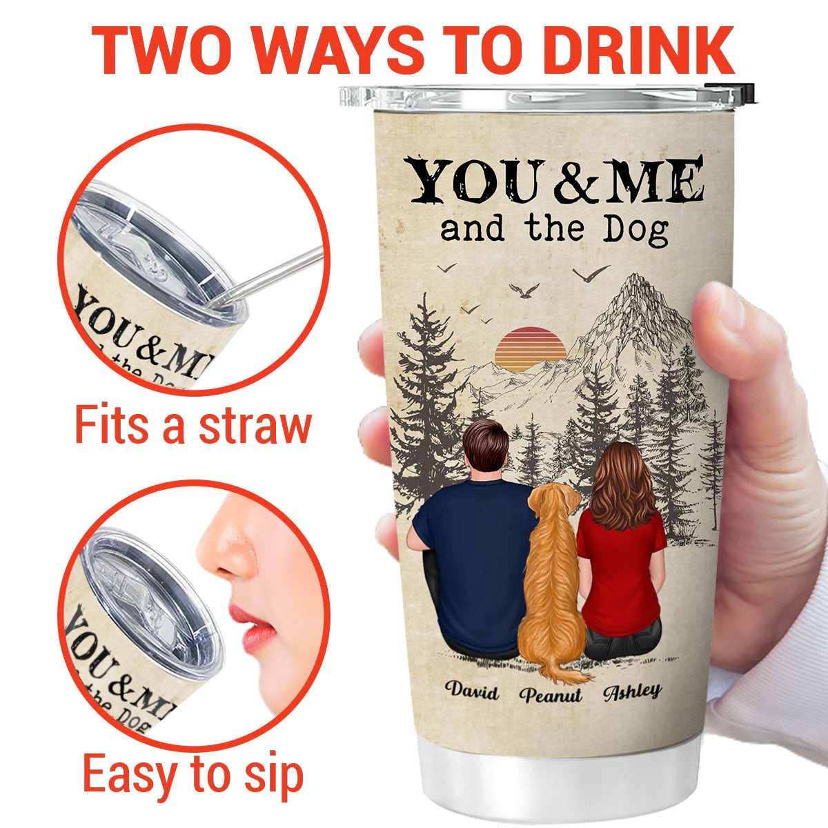 Back View Couple You Me And The Dogs Cats Vintage Sunset Personalized Tumbler