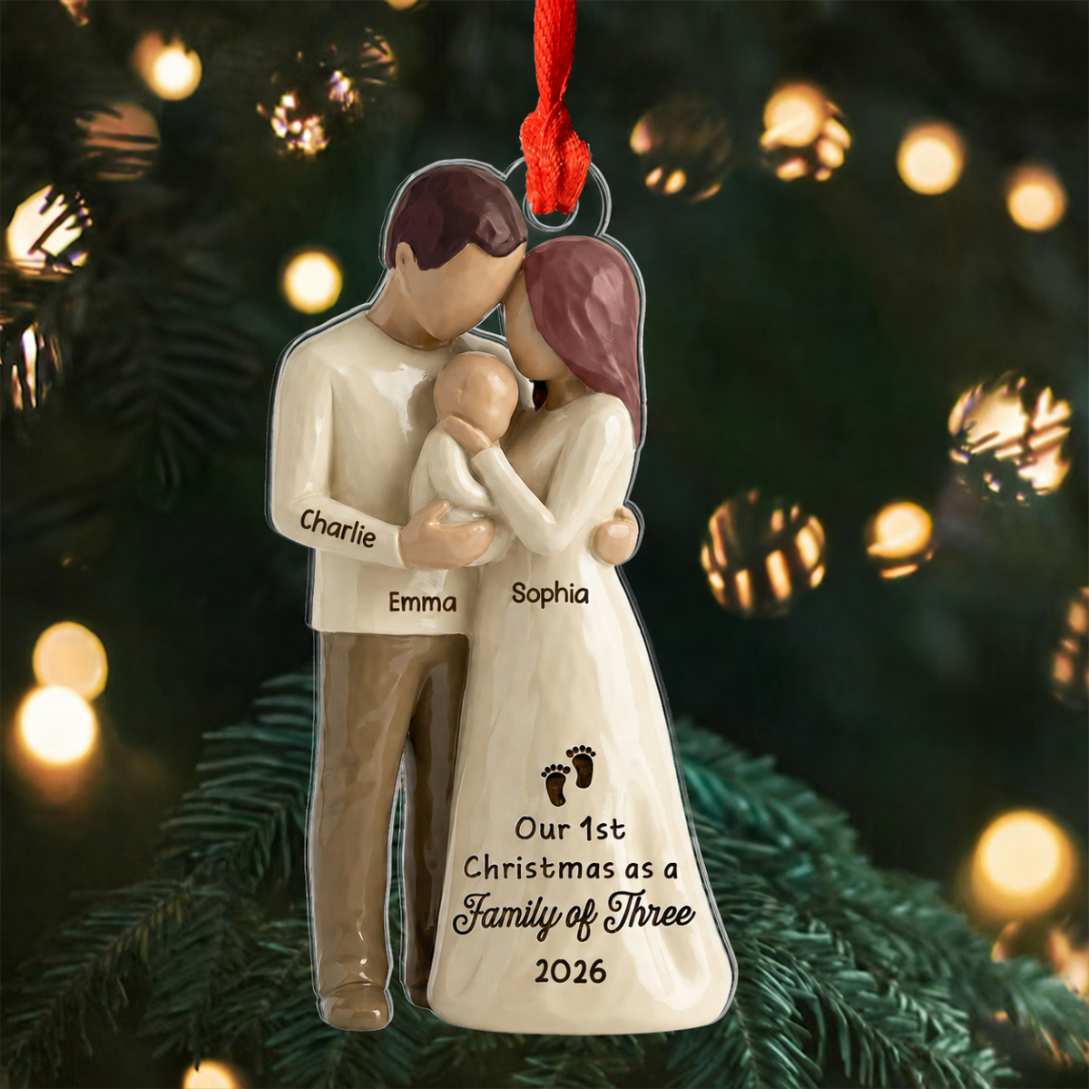 3D Effect First Christmas As Family Of Three Mom Dad & Baby - Personalized Acrylic Ornament