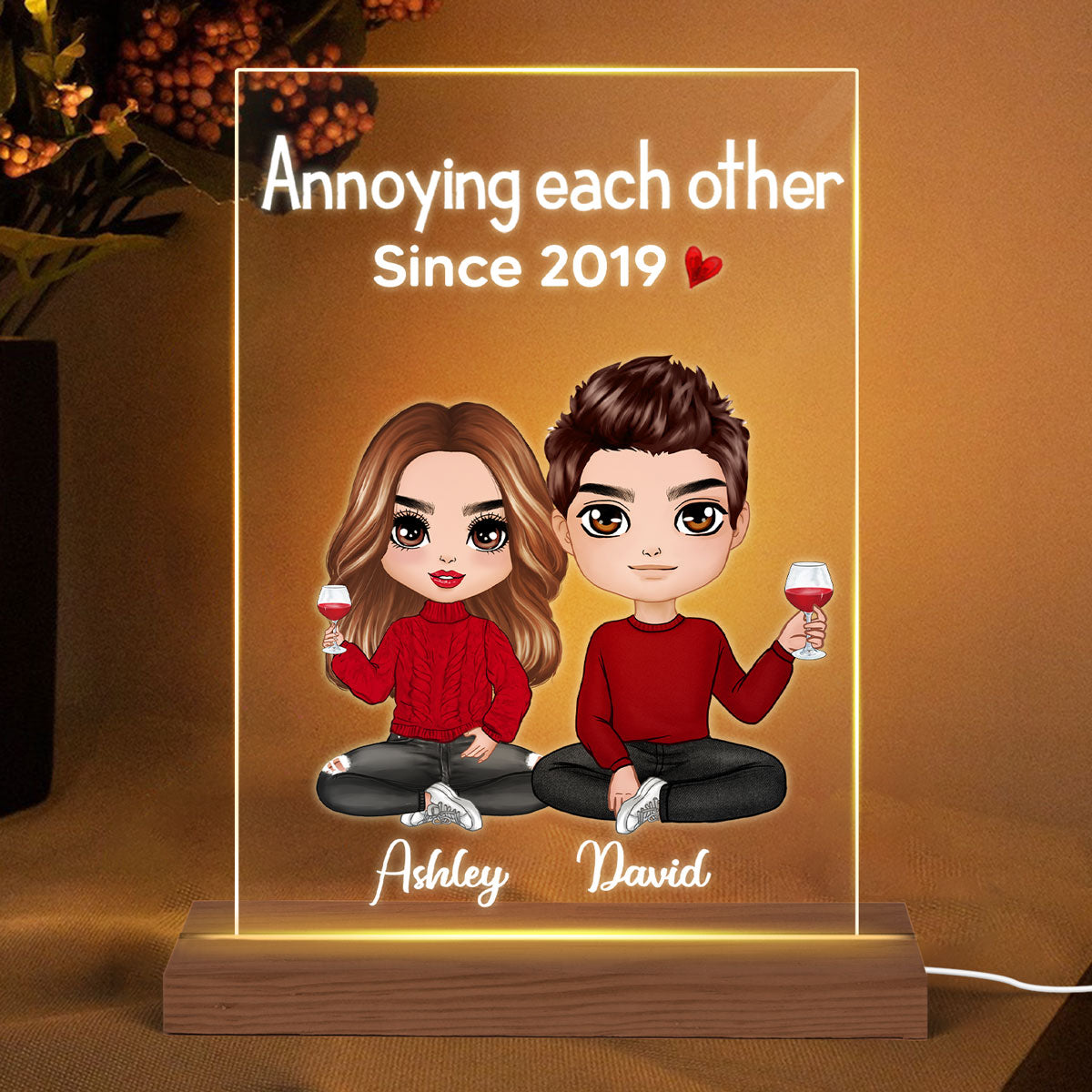 Annoying Each Other Since Doll Couple Sitting - Personalized Acrylic Block Plaque LED Night Light - Anniversary Gift For Him, Gift For Her