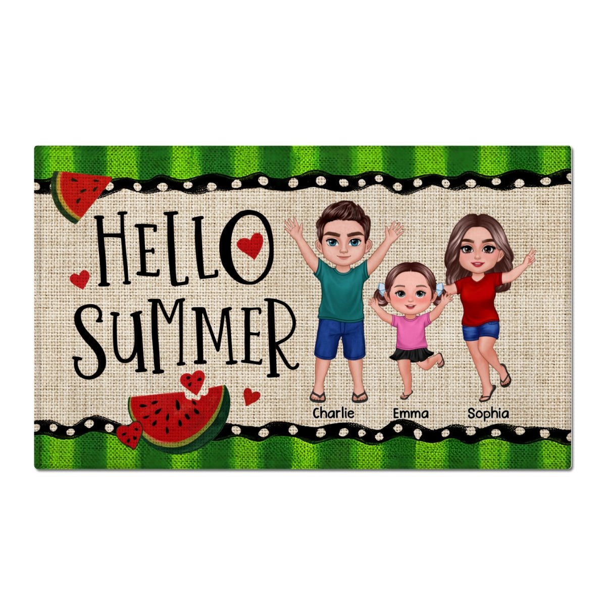 Hello Summer Watermelon Family Personalized Doormat, Summer Decoration