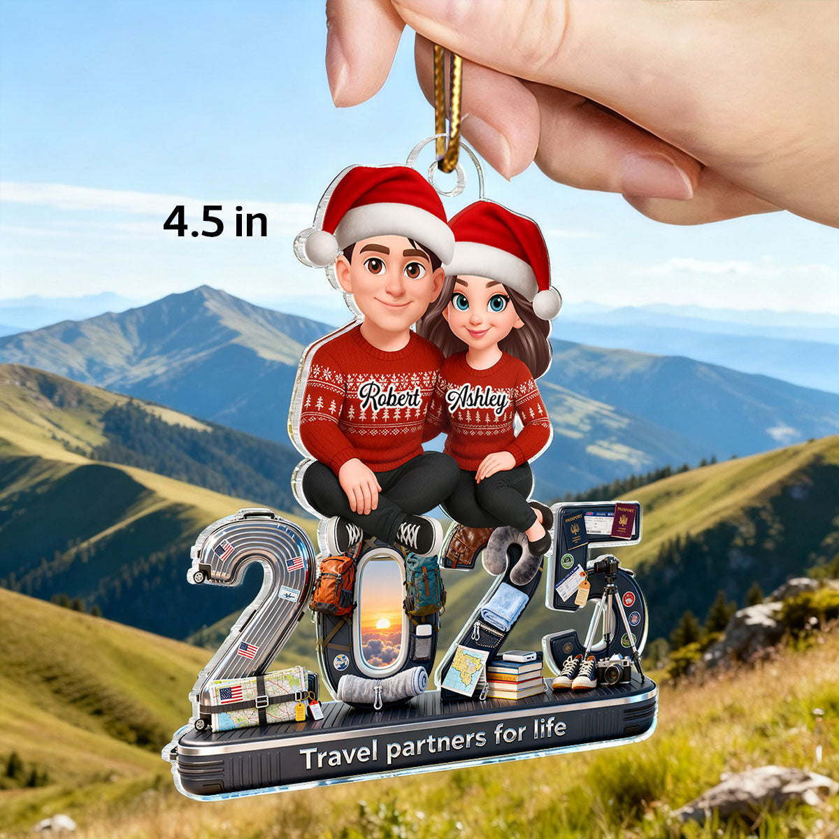 3D Effect Couple Travel Partners For Life Signature Symbols Christmas - Personalized Acrylic Ornament - Gift For Traveling Couple, Gift For Him, For Her