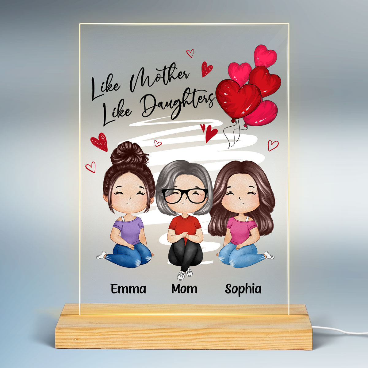 Red Hearts Like Mother Like Daughters Watercolor Style Women Sitting Gift For Mom Daughters Personalized Rectangle Acrylic Plaque LED Night Light