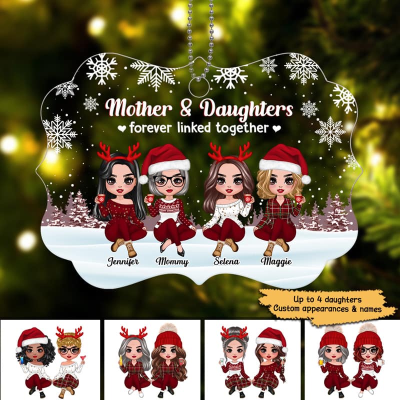 Mother & Daughters Forever Linked Together Snow Background Personalized Acrylic Ornament