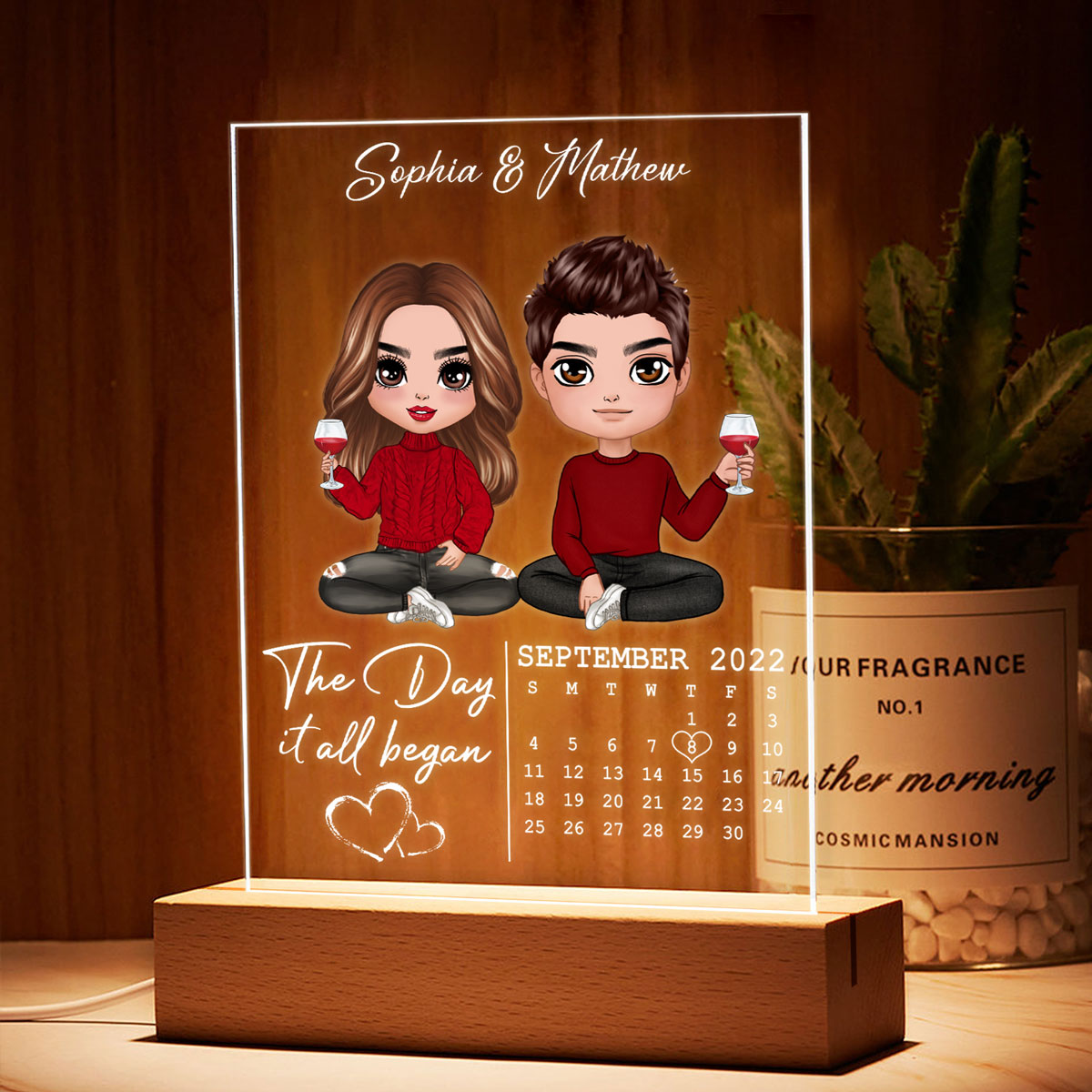The Day It All Began Doll Couple Sitting Personalized Rectangle Acrylic Plaque With LED Night Light - Anniversary Gift For Couple - Gift For Him - Gift For Her