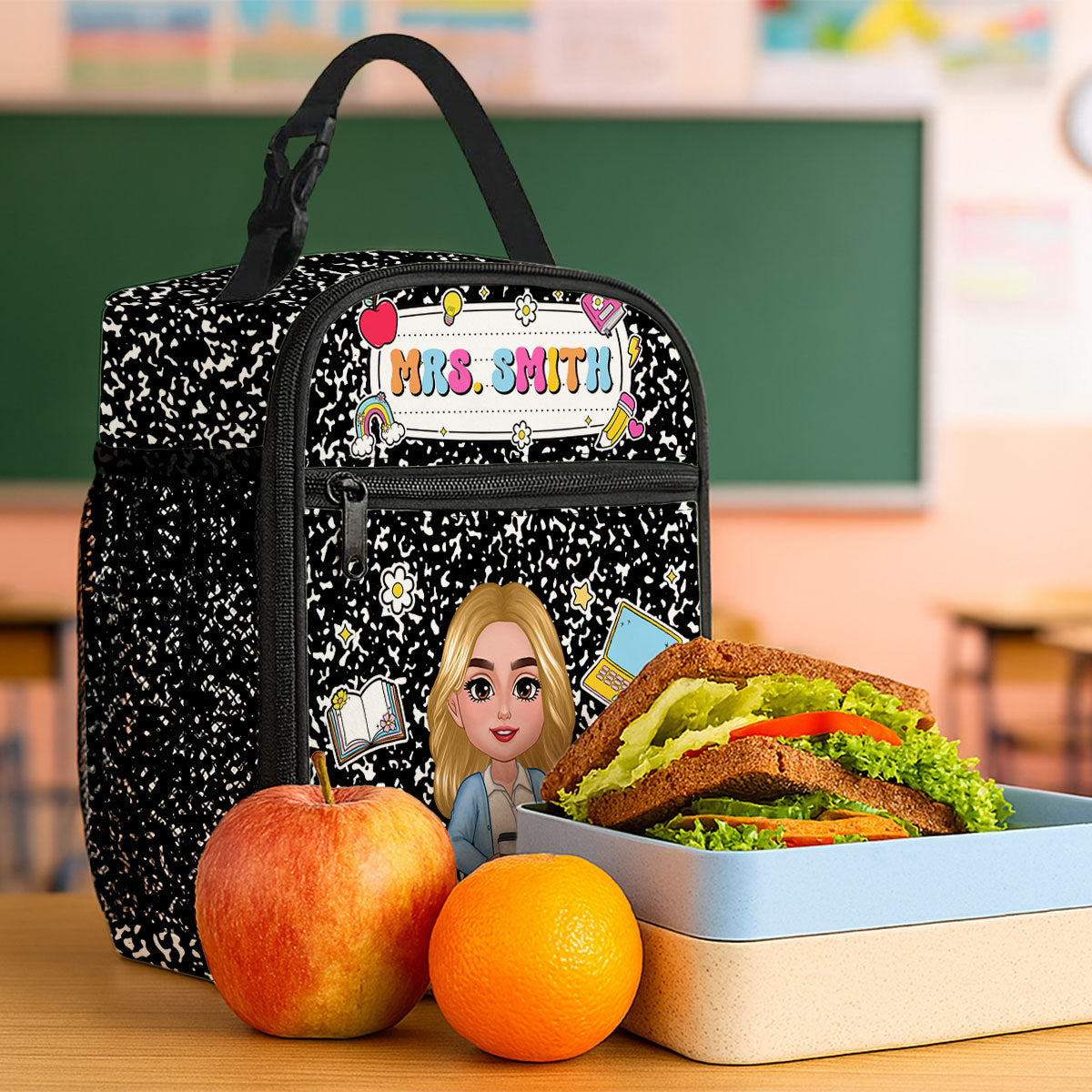 Teacher Composition Book Pattern Personalized Insulated Lunch Bag, Back To School Gift For Teacher