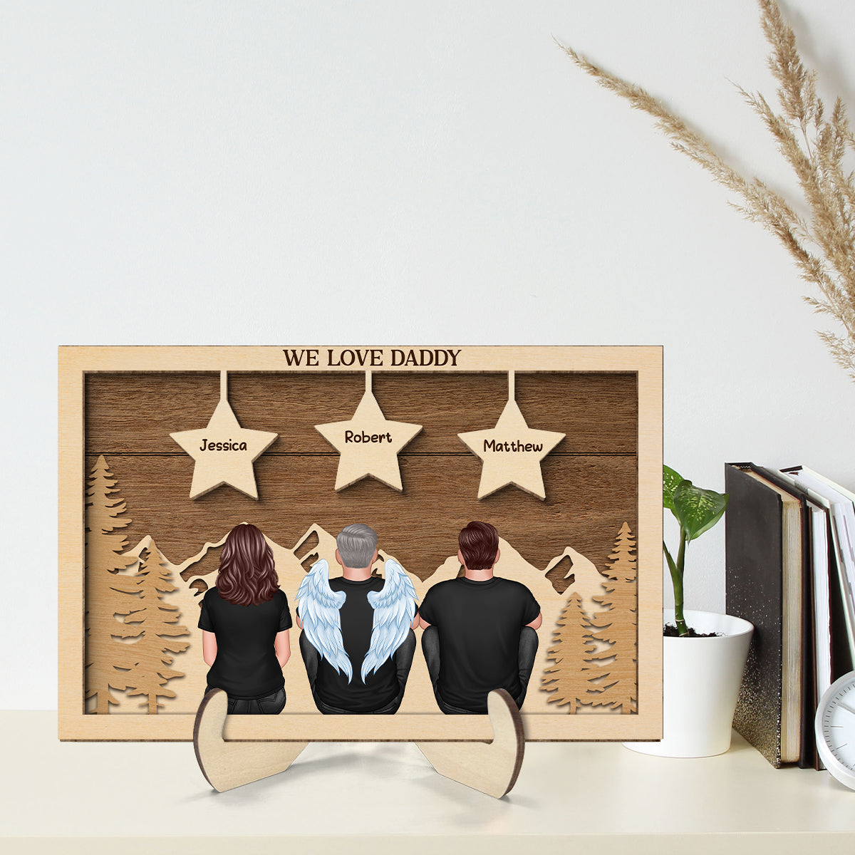 Dad Man Kids Dogs Cats Sitting Back View Forest Stars Personalized 2-Layer Wooden Plaque