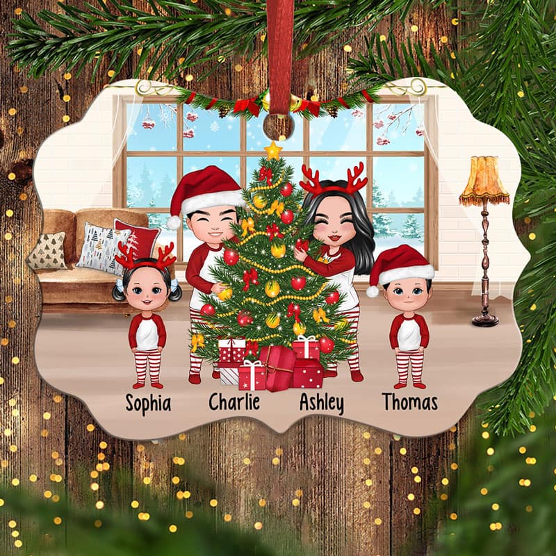 Doll Family Decorating Christmas Tree Personalized Christmas Ornament