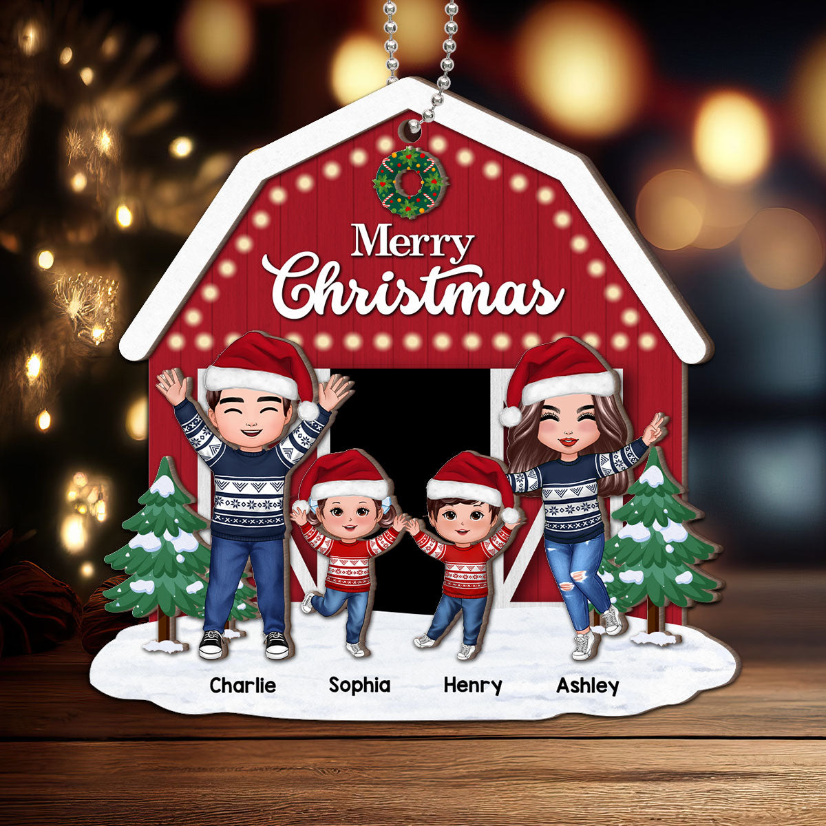 Christmas Farm House Family Decor Gift Personalized 2-Layer Wooden Ornament