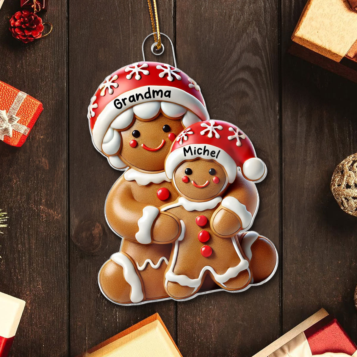 3D Effect Gingerbread Grandma Hugging Grandkid Christmas Personalized Acrylic Ornament, Gift For Granddaughter, Grandson