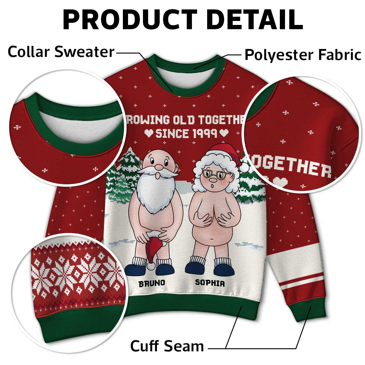 Funny Old Couple Growing Old Together Personalized Faux Knitting Ugly Sweater