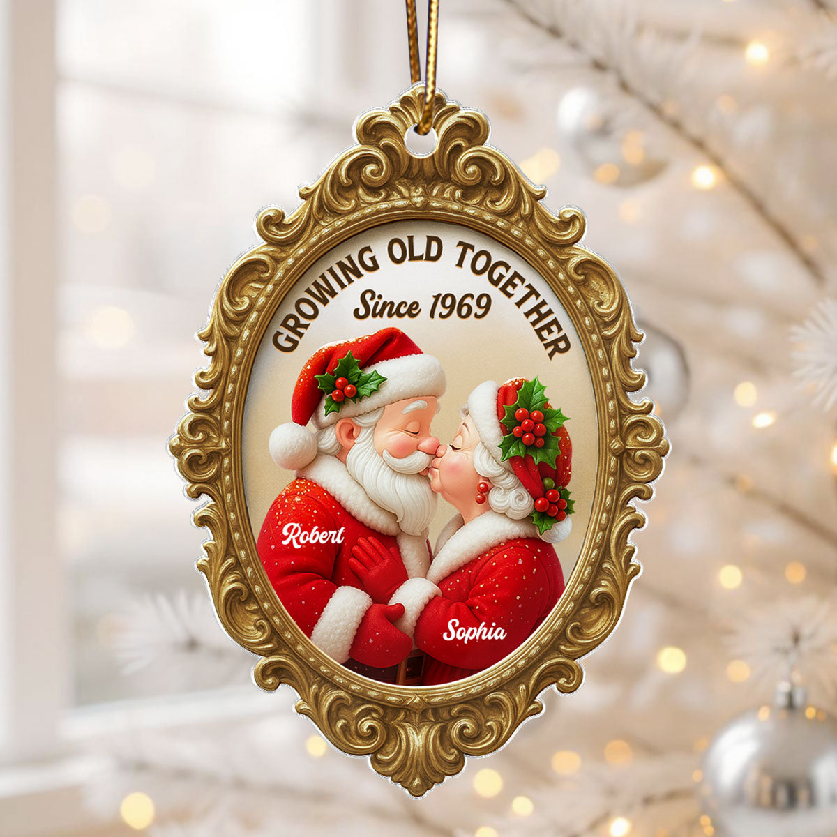 Vintage Golden Frame 3D Effect Mr Mrs Clause - Personalized Acrylic Ornament - Christmas Gift For Couples