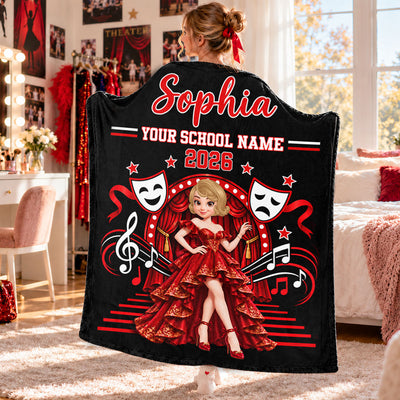 Theater Drama Club Girl Custom Name & School Name - Personalized Fleece Blanket - Graduation Gift For Musical Theater Girls, High School Theater Students, Daughter, Granddaughter