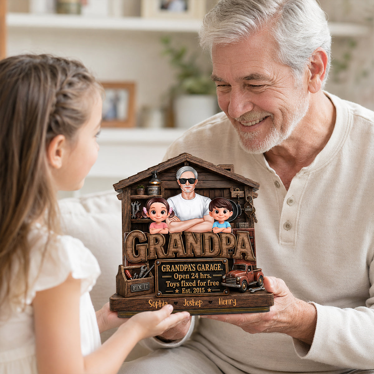 Grandpa's Garage - Personalized 2-Layered Wooden Plaque - Father's Day Gift for Dad, Grandpa, Husband