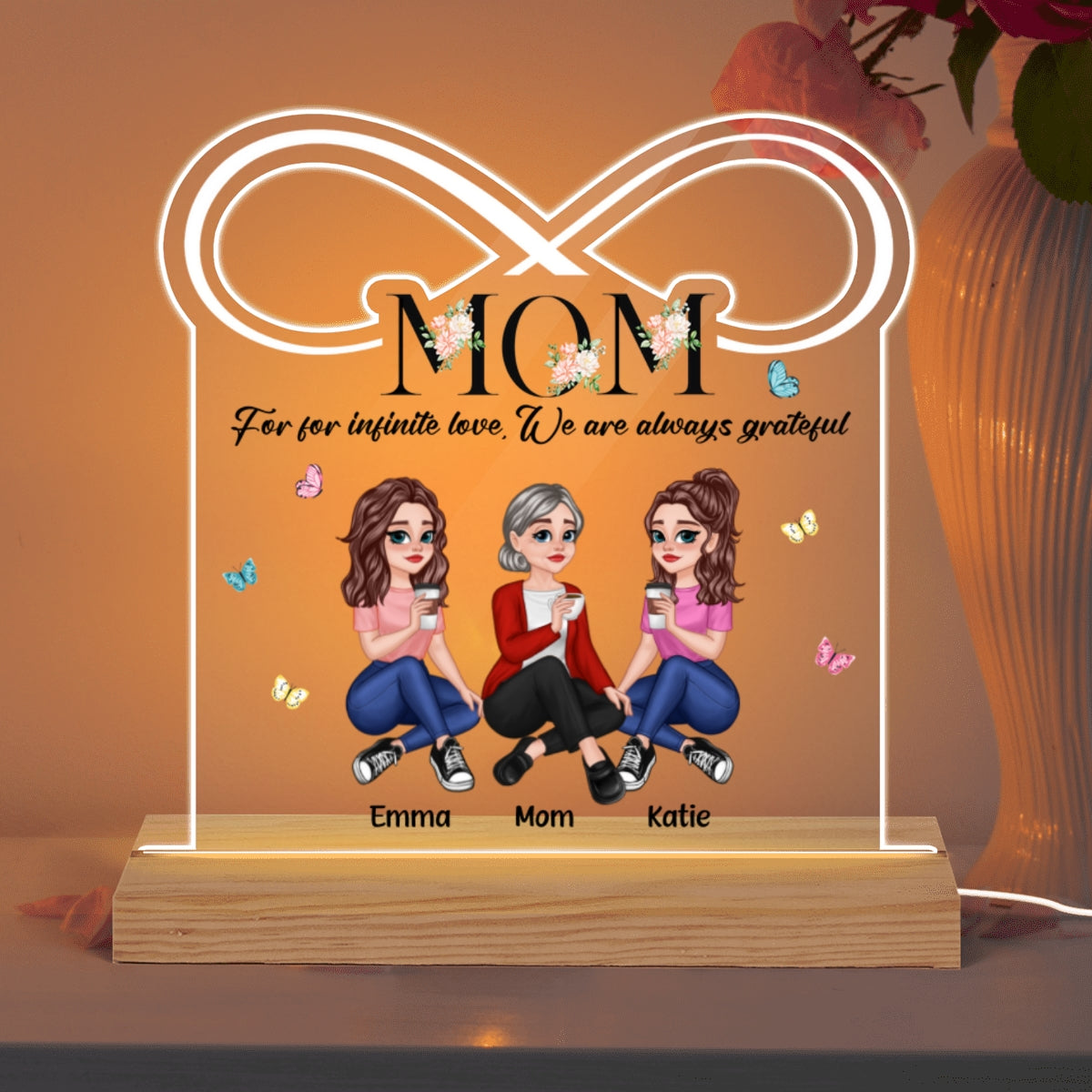 For Your Infinite Love Pretty Cartoon Mom Daughters Sitting Floral Custom Shape Acrylic Plaque LED Night Light