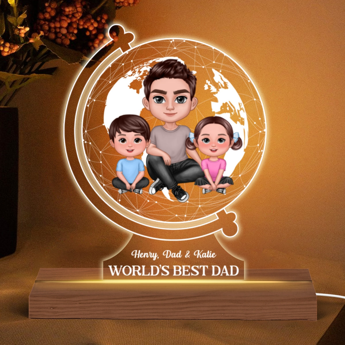 World‘s Best Dad Globe Shape Personalized Warm Acrylic Custom Shape LED Night Light