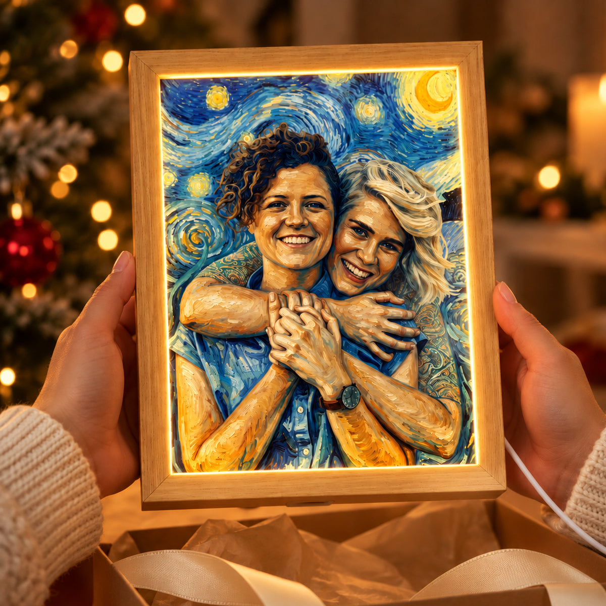 Custom Couple Van Gogh Portrait from Photo - Personalized Mirror Light Box - Heartfelt Anniversary Gift for Her, for Him, Christmas Keepsake