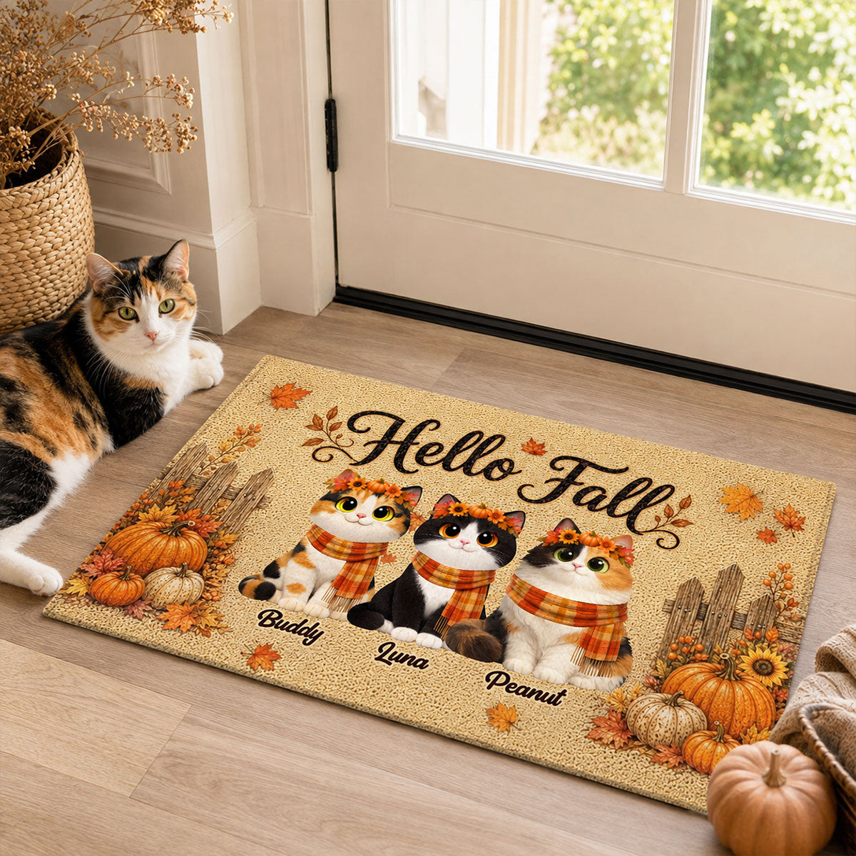 Cozy Warm Fall Season Hello Fall Cute Cats - Personalized Doormat - Fall Decor For Cat Lovers