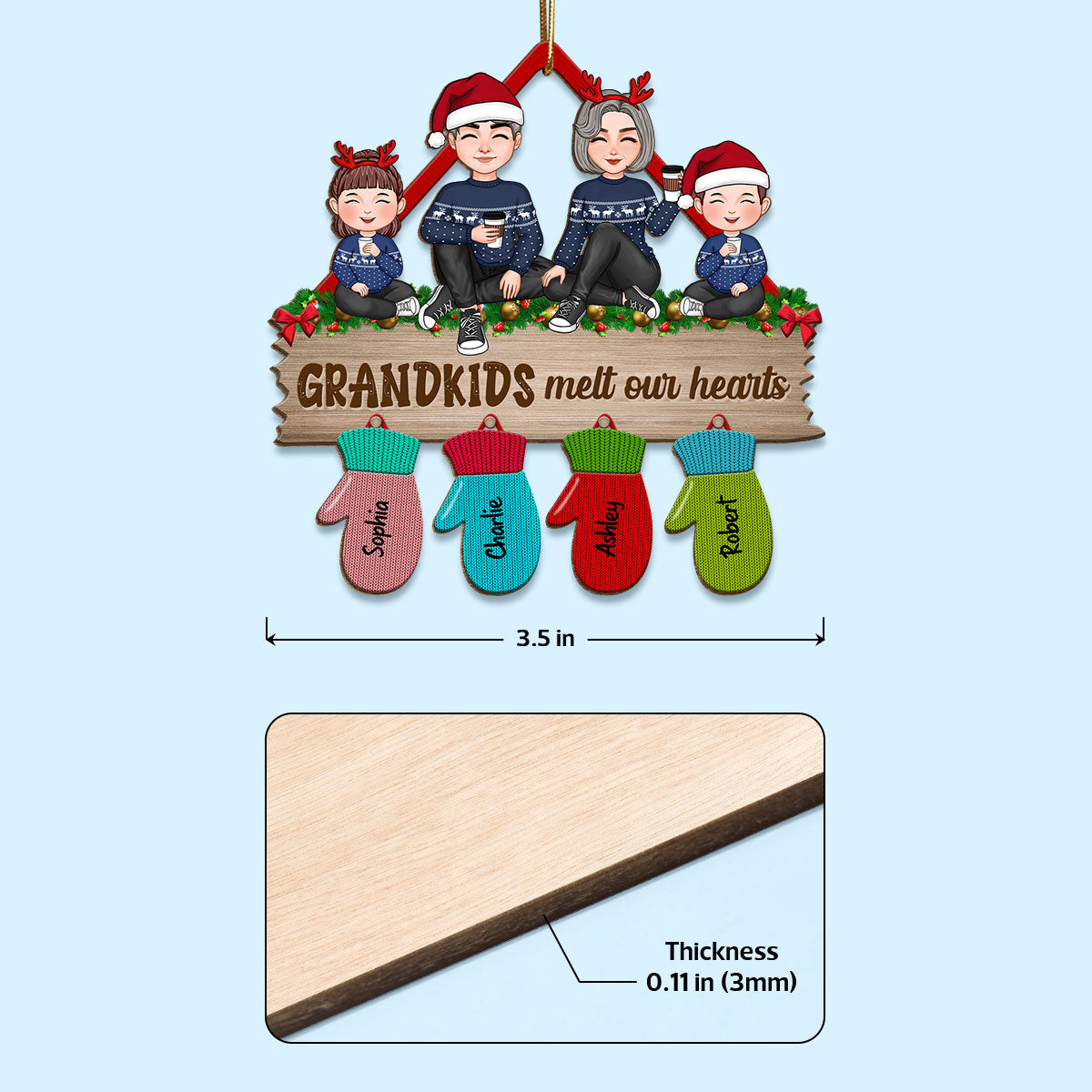 Grandma Grandpa Grandkids Sitting Christmas Glove Personalized Wooden Ornament