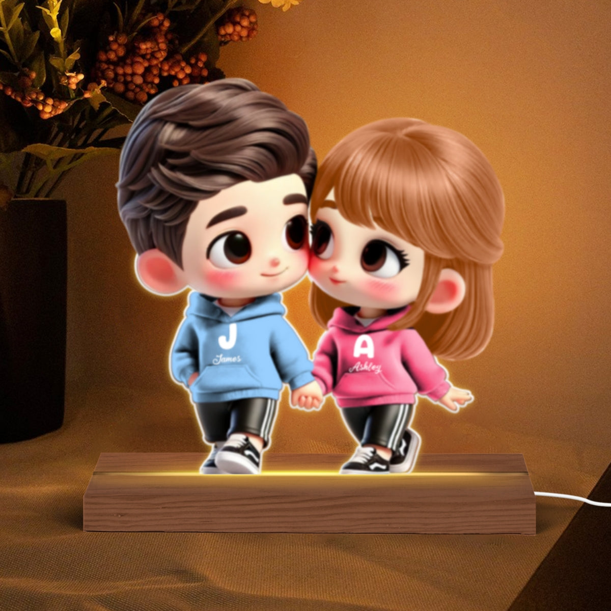 3D Effect Cute Cartoon Couple Holding Hands Personalized LED Night Light, Anniversary &  Gift for him, Gift for her