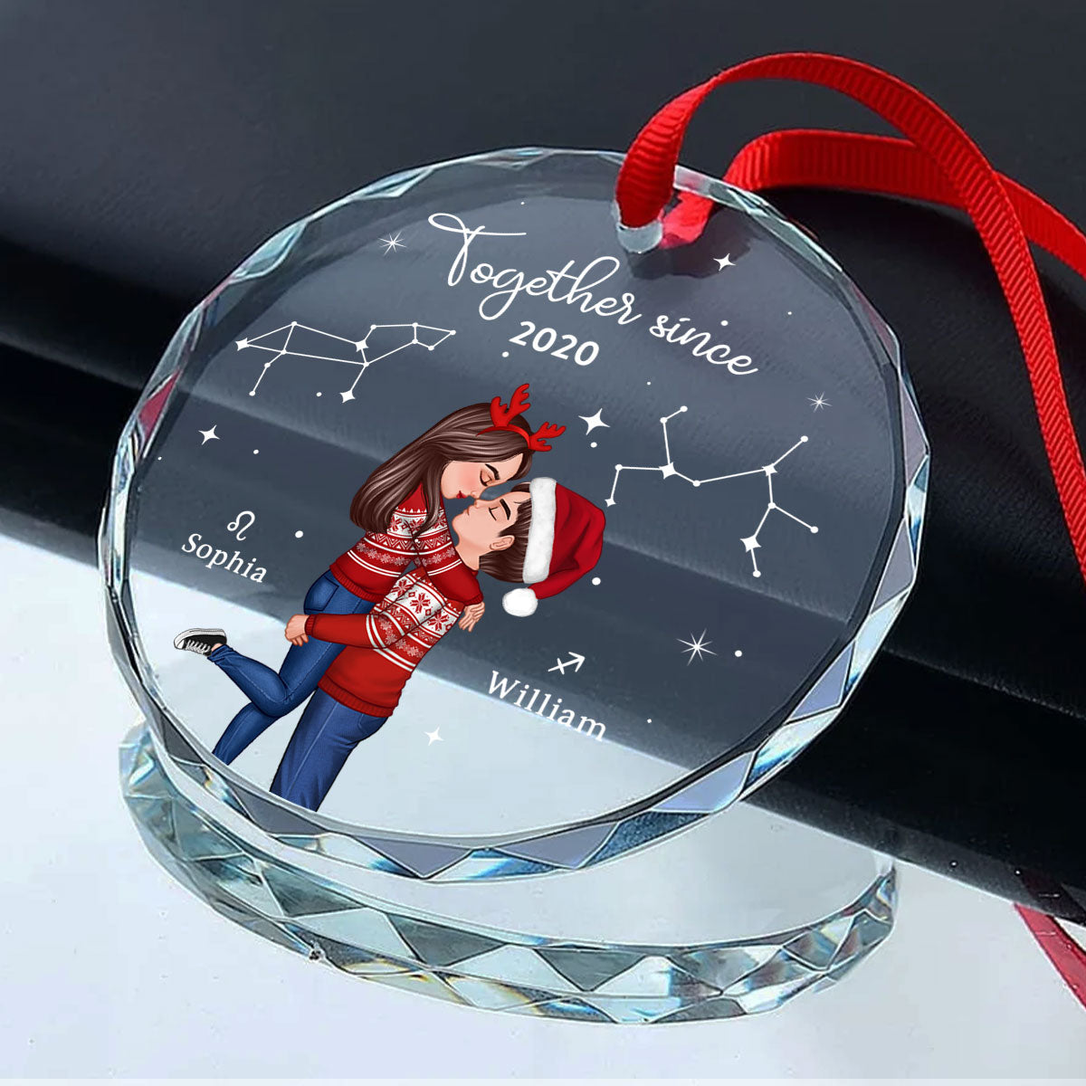 Couple Hugging Kissing Zodiac Sign Personalized Glass Ornament, Christmas Gift For Him For Her