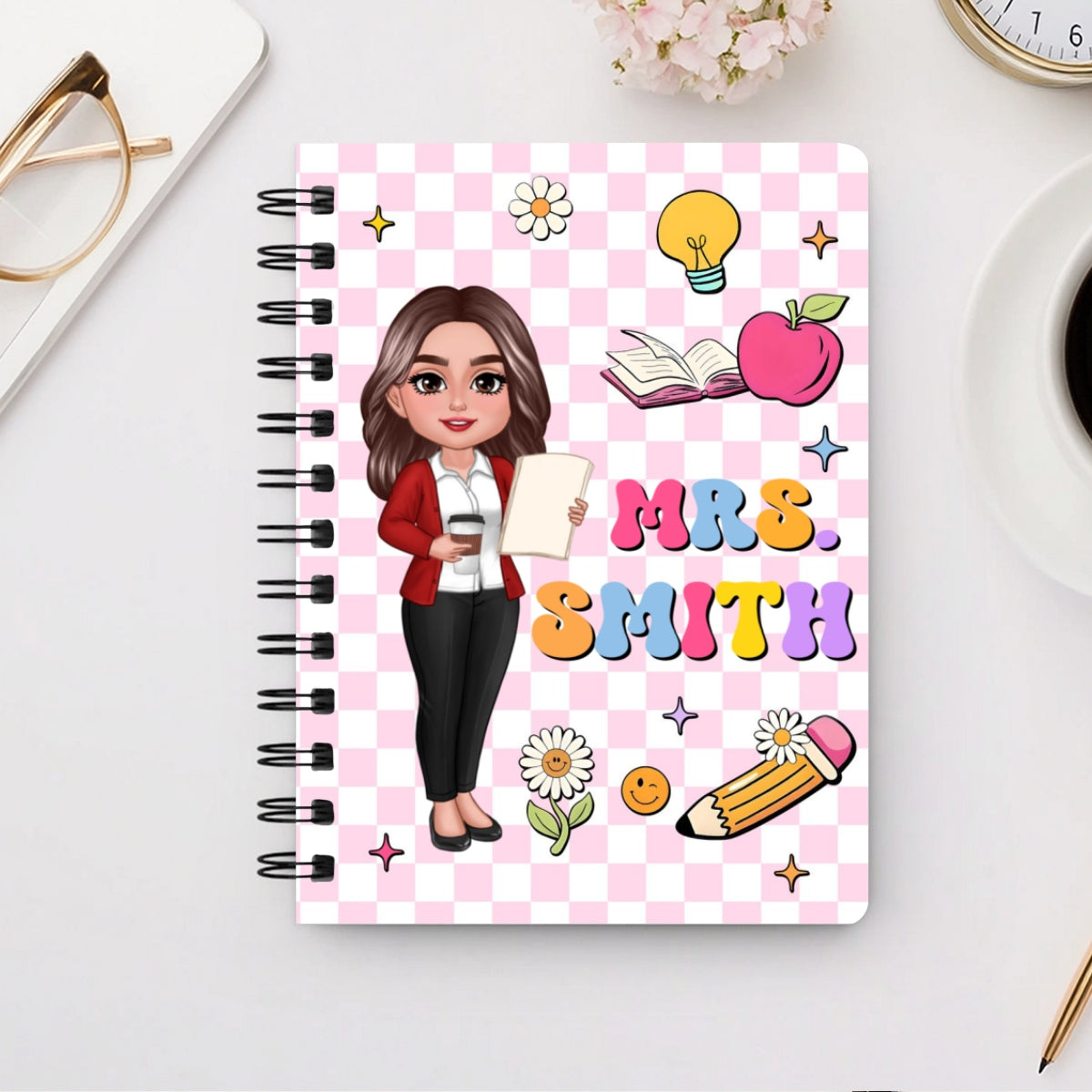 Groovy School Things Teacher Name Personalized Spiral Notebook Journal, Back To School Stationery