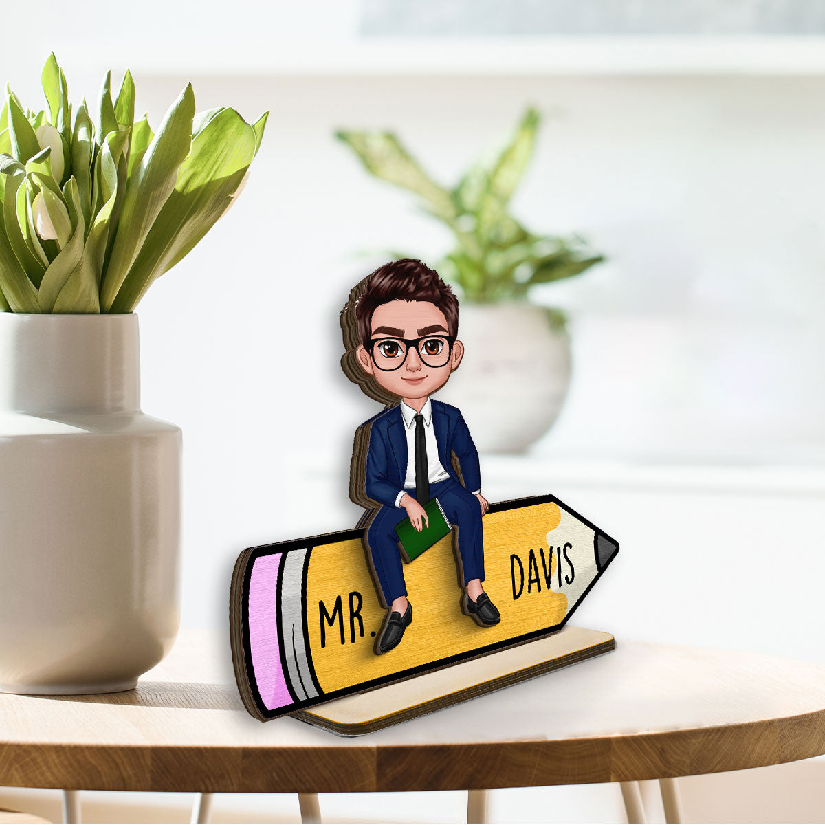 Doll Teacher Sitting On Pencil Personalized 2-Layer Standing Wooden Plaque, Back To School Gift For Teacher, Office Decor
