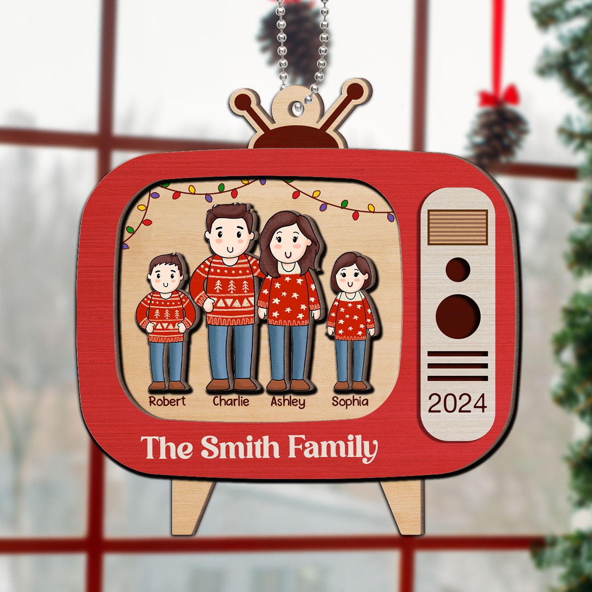 Comic Family In Christmas Red Retro Televison Personalized 2-Layer Wooden Ornament