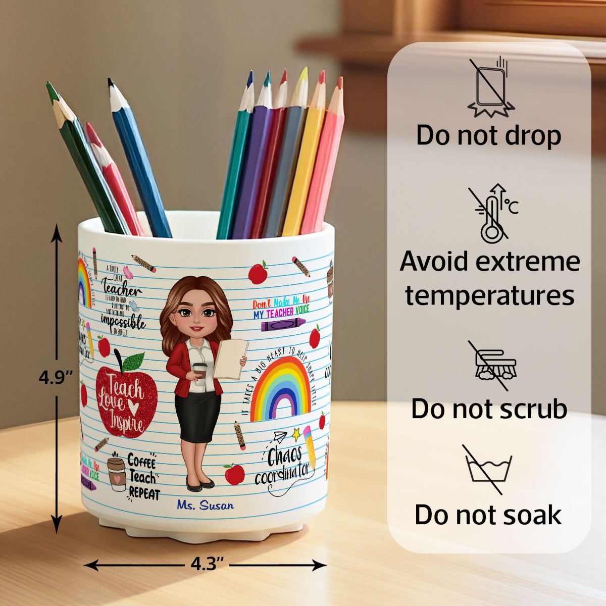 Teach Love Inspire Personalized Rotating Pen Holder, Back to School Gift for Teachers