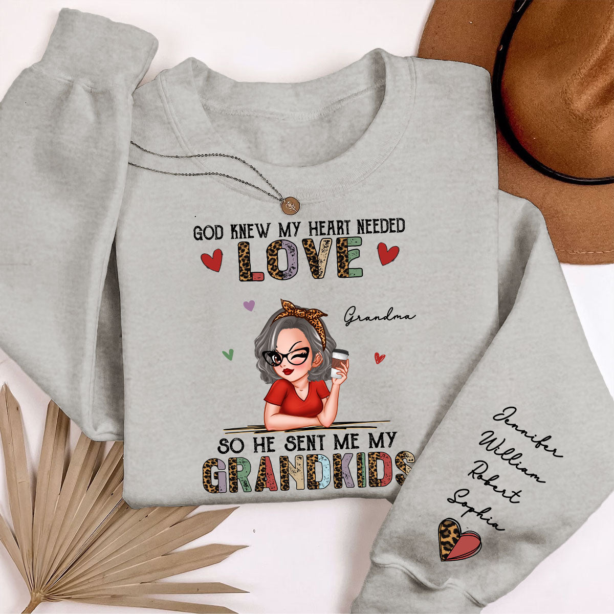 Colorful Half Leopard Love Grandkids Personalized Sleeve Printed Sweatshirt
