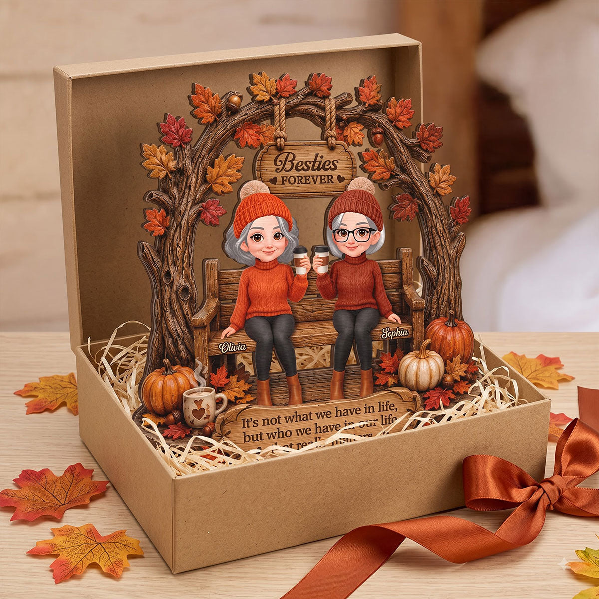 Fall Season Besties Under Tree Arch 2D Flat - Personalized Wooden Plaque - Fall Season Gift For Besties