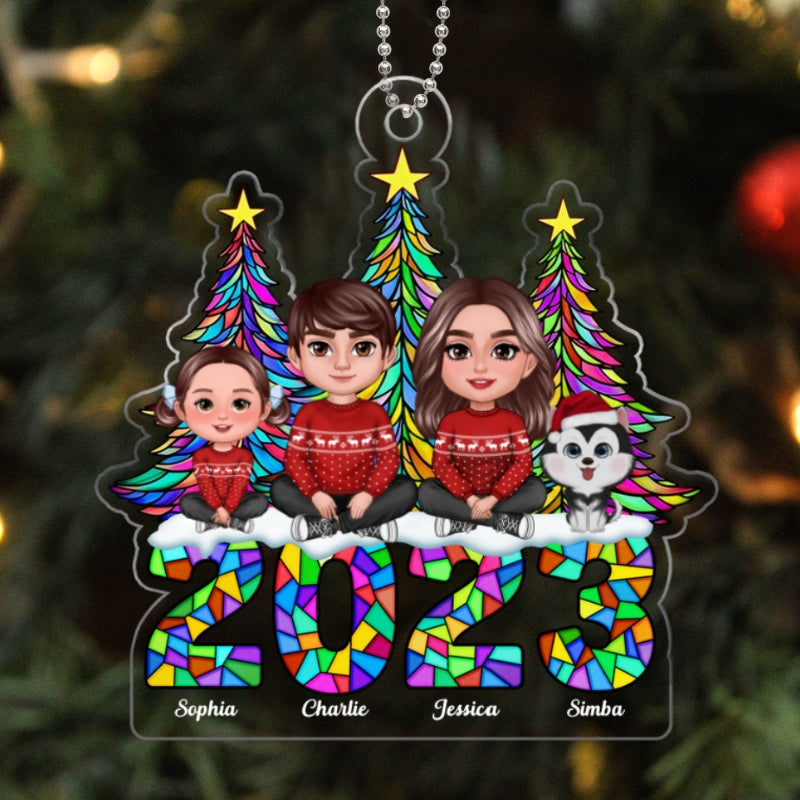Family Crossed Legs Stained Glass Christmas Tree Personalized Acrylic Ornament