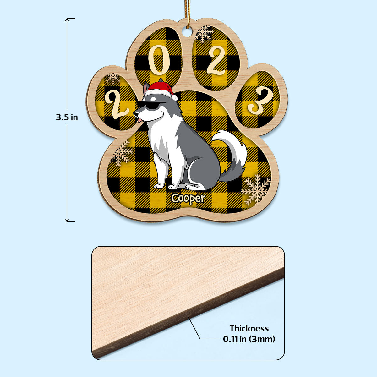 Checkered Paw Funny Dogs Cartoon Christmas Personalized Wooden Ornament