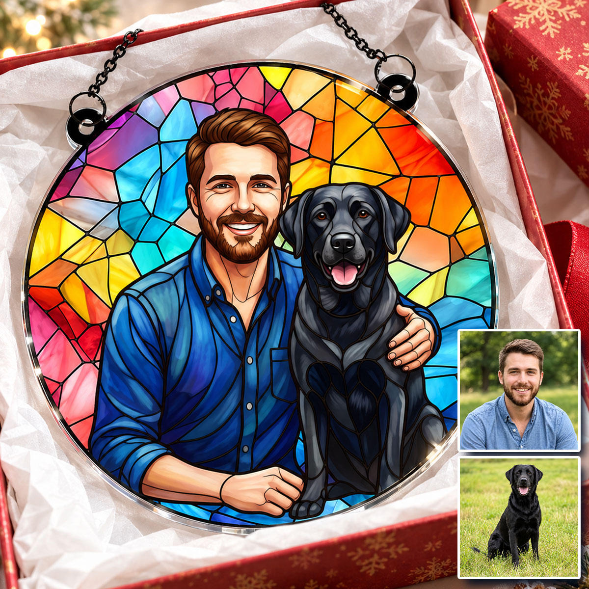 Stained Glass Family Portrait - Personalized Acrylic Window Hanger – Add Deceased Loved One to Photo, Custom Memorial Gift