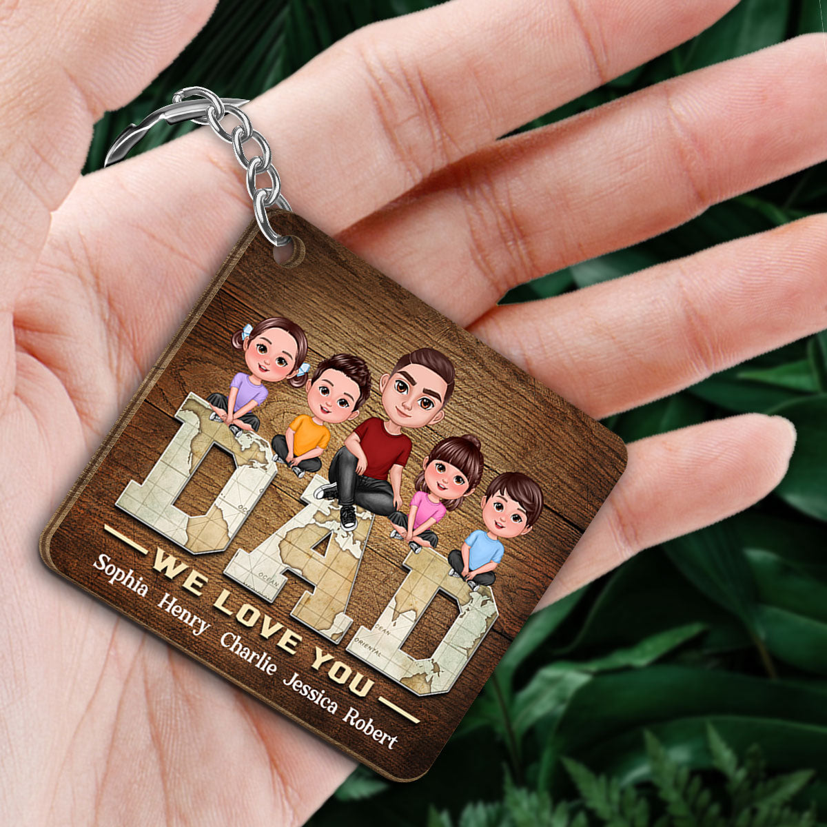 Dad Doll Man And Kids On World Map Text Personalized Wooden Keychain