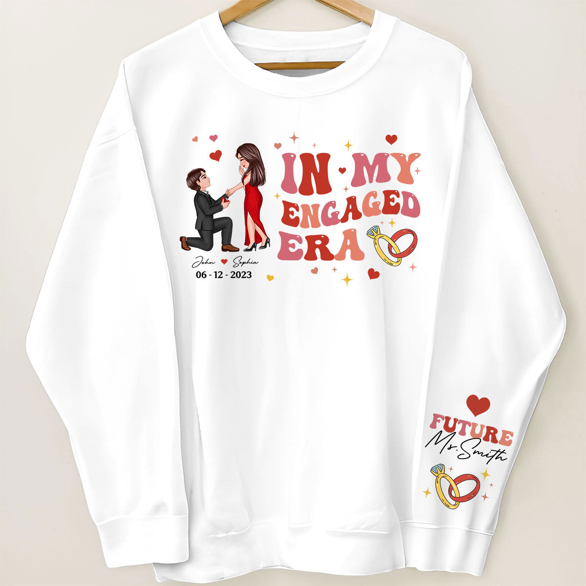 In My Engaged Era Proposing Couple Personalized Sleeved Printed Sweatshirt,  Gift, Engagement Gift For Her, Gift For The Bride-To-Be