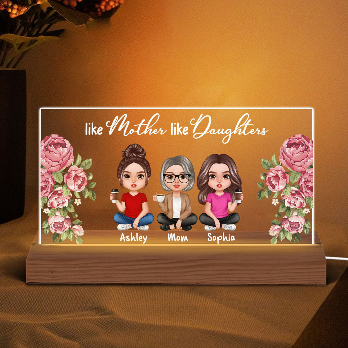 Realistic Doll Mother Daughter Flower Frame Personalized Acrylic Custom Shape LED Night Light