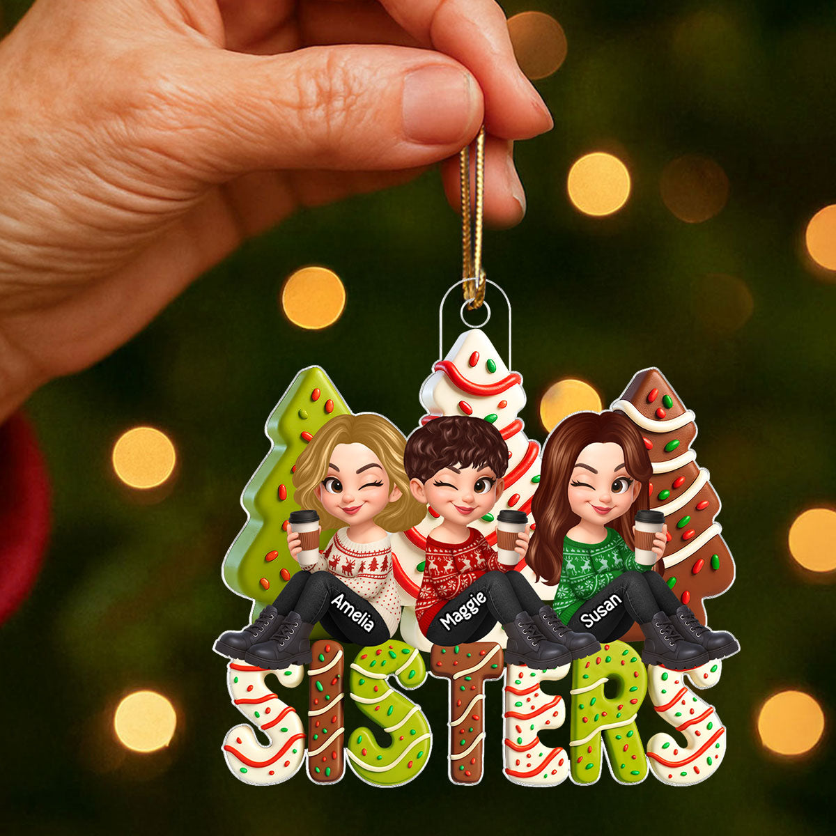 3D Effect Christmas Tree Cake Besties Sisters Personalized Acrylic Ornament, Christmas gift for Besties Sisters