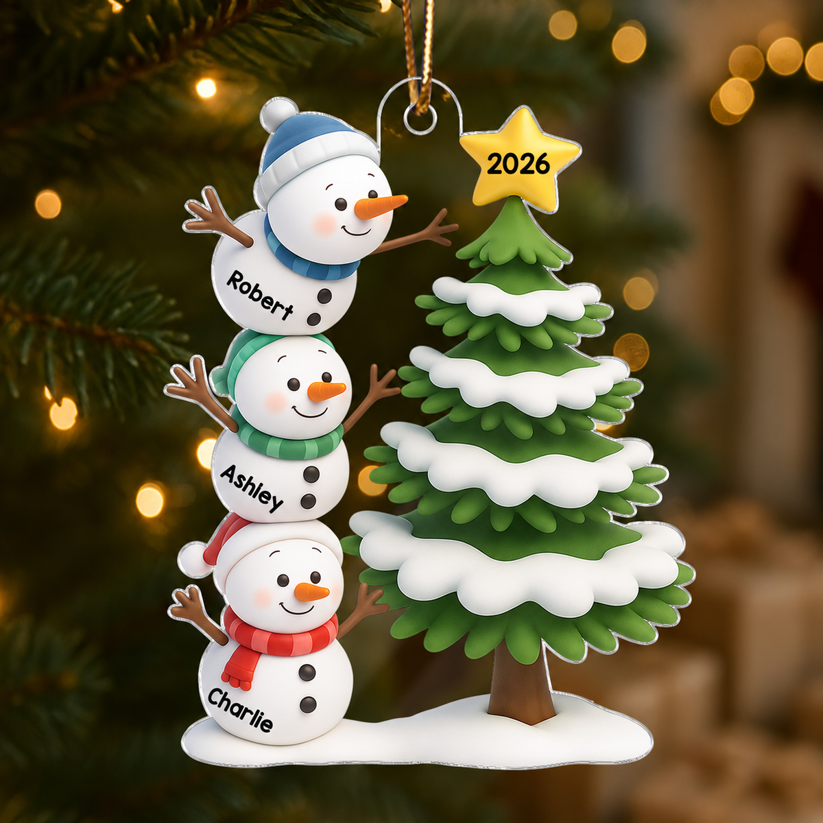 Snowman Family Stack 3D Effect Christmas Tree - Personalized Acrylic Ornament
