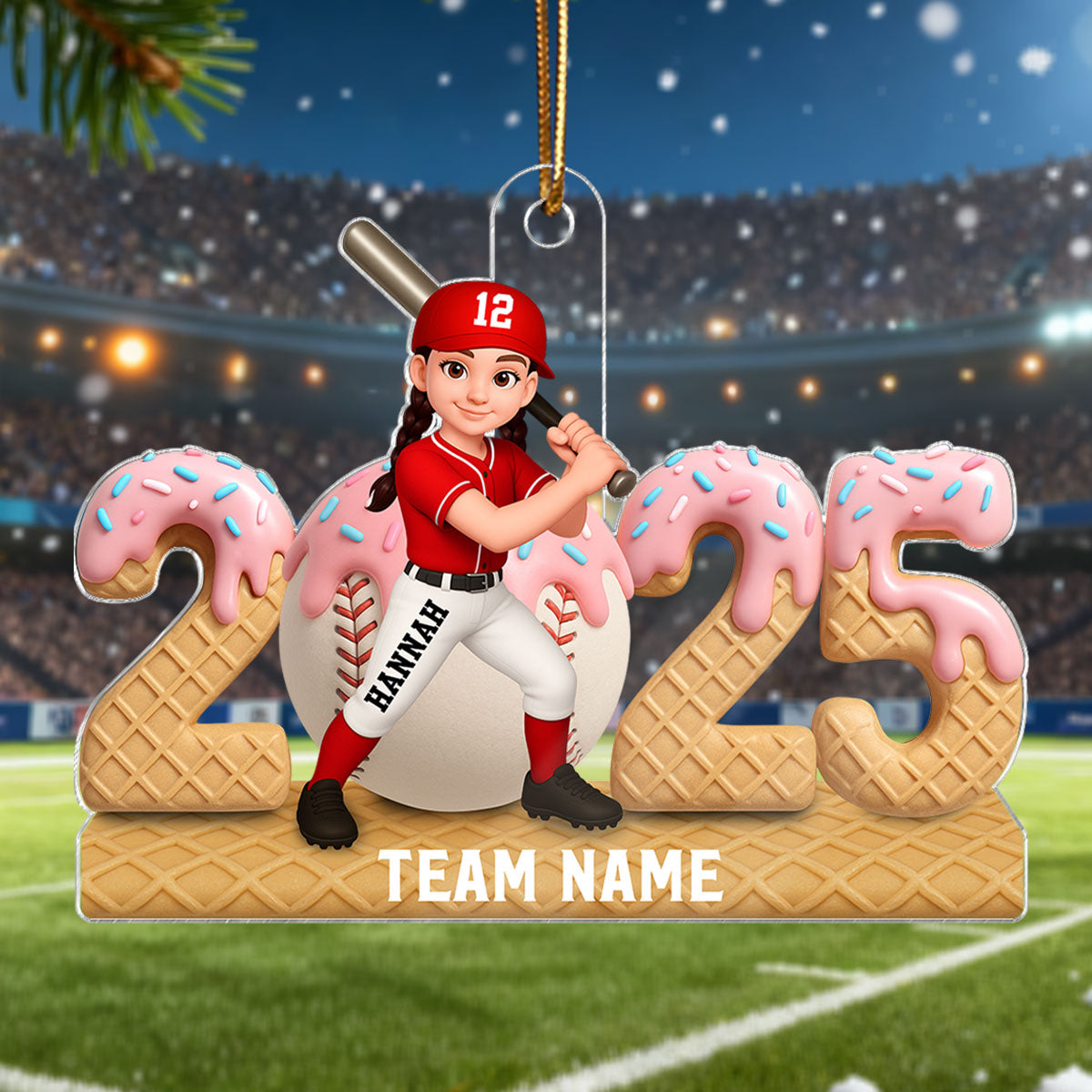3D Effect Ice Cream Drip Sprinkles Teen Girl Boy Baseball Player - Personalized Acrylic Ornament - Christmas Gift For Kids, Granddaughter, Grandson, Daughter, Son